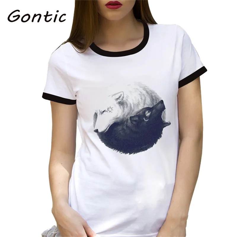 Классная футболка Wolf Yin Yang femme Harajuku Винтажная с коротким рукавом летняя панк рок