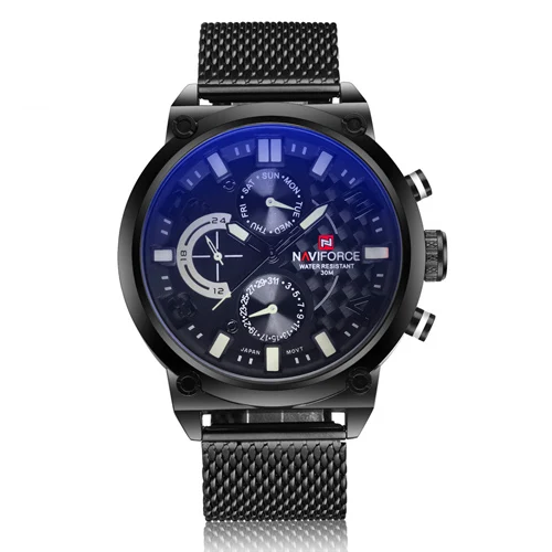 NAVIFORCE брендовые модные сетчатые стальные Мужские кварцевые часы с 24 часами даты Мужские спортивные военные наручные часы Relogio Masculino - Цвет: Black White