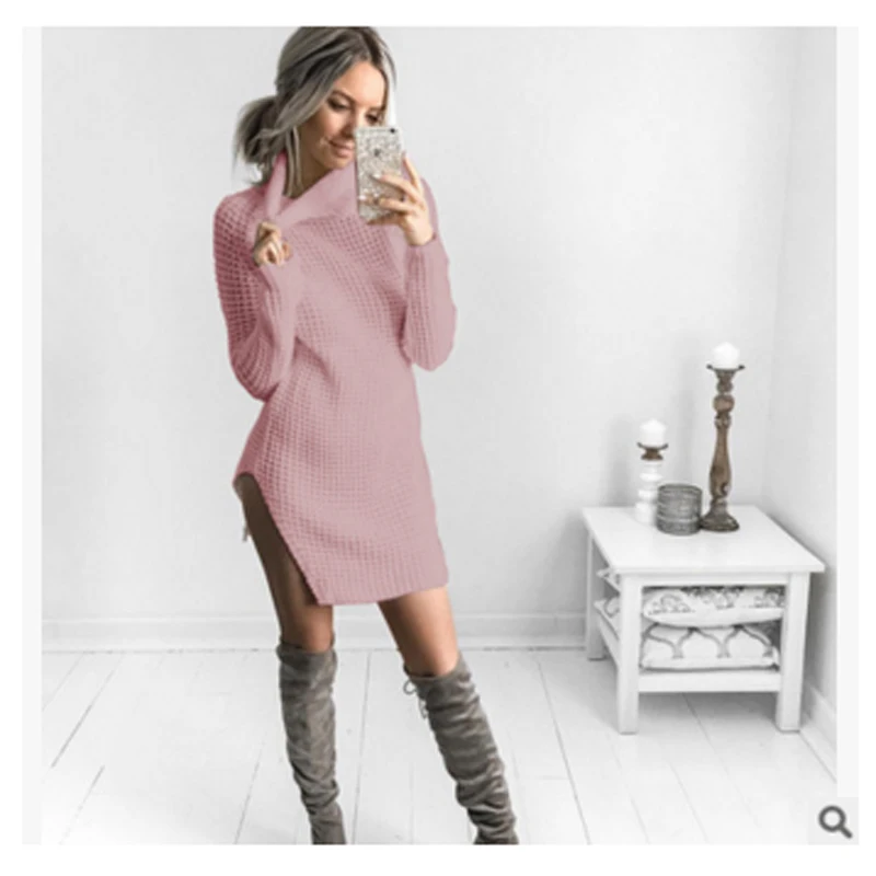 2017 Women Autumn Winter Long Sleeve Sweater Dresses Slim Turtleneck Sexy Bodycon Split Ends Knitted Solid Color Robe Dress | Женская