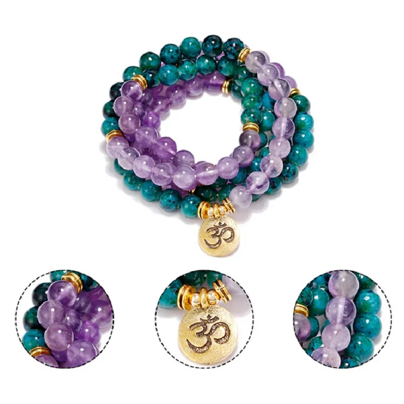 Новый дизайн натуральный Фиолетовый Кристалл Феникс камень 108 Mala браслет или