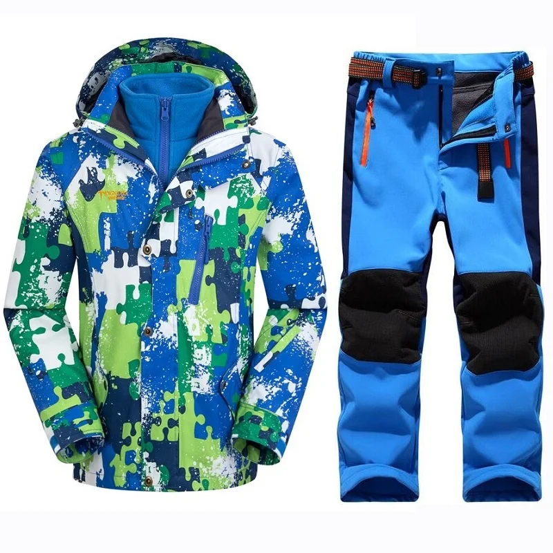 Winter Warm Waterproof Baby Boys Girls Climbing Clothing Sets Child Coat and Pant Children Outerwear Kids Sets 5-14 Years Old