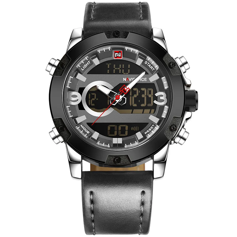 NAVIFORCE для мужчин s спортивные часы для мужчин Топ люксовый бренд кварцевые цифровые часы Мужские Водонепроницаемые кожаные армейские наручные часы Relogio Masculino - Цвет: Silver Black