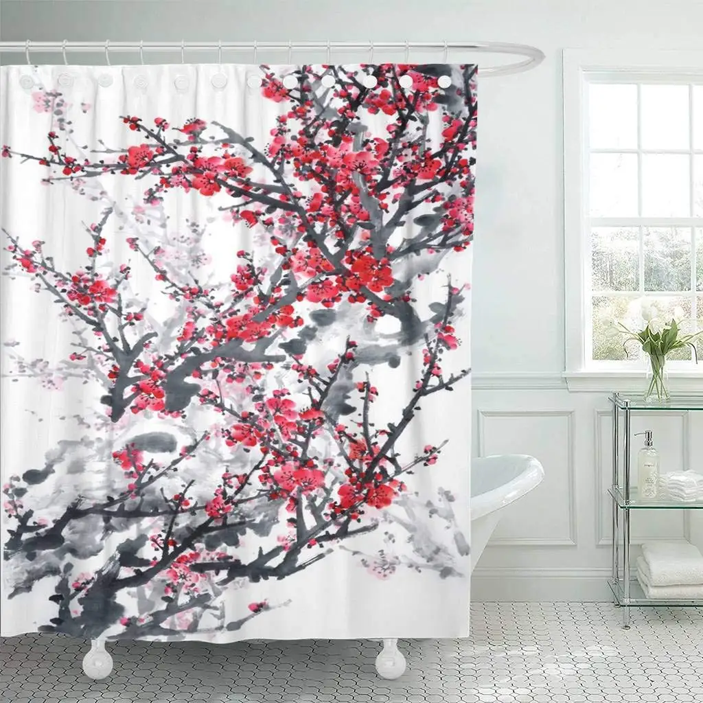 

Fabric Shower Curtain Hooks Pink Japanese Plum Blossom on White Traditional Chinese Painting Red Flower Landscape