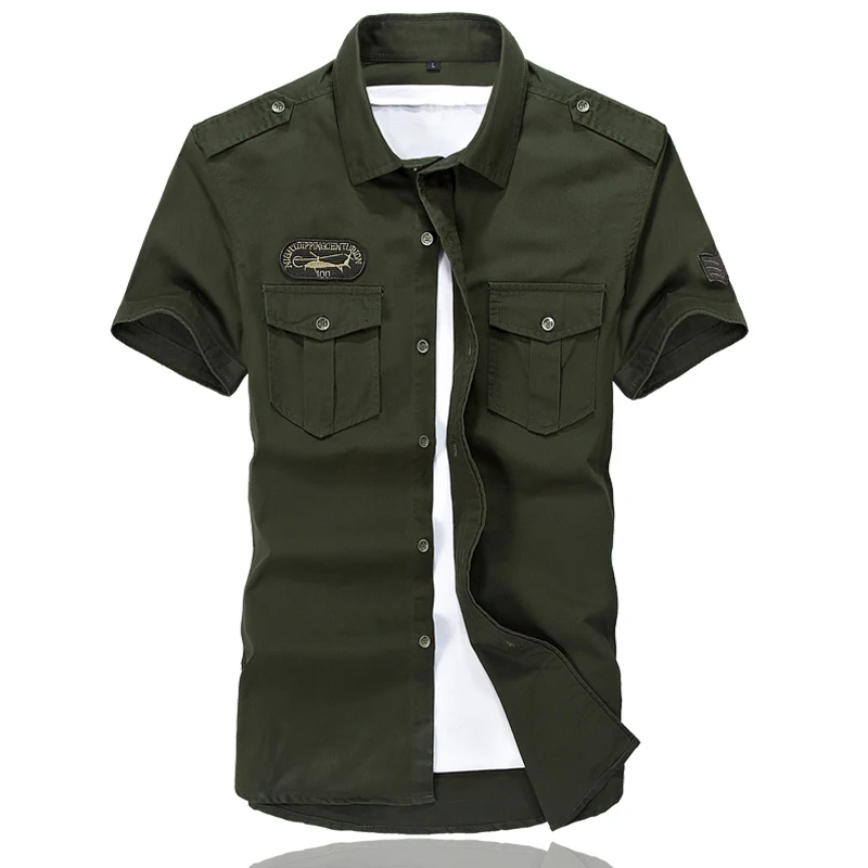Брендовая Летняя мужская рубашка в стиле милитари с коротким рукавом