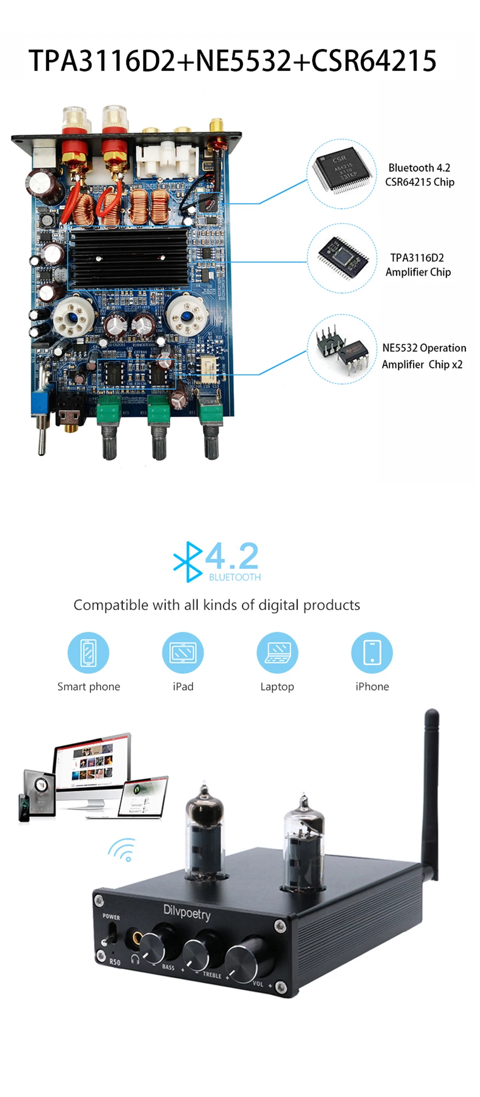 Dilvpoetry R50 TPA3116D2 HiFi мини HiFi усилитель мощности стерео усилитель для наушников Bluetooth 4,2 приемник 50 Вт* 2 вакуумный 6J4 гибридная трубка