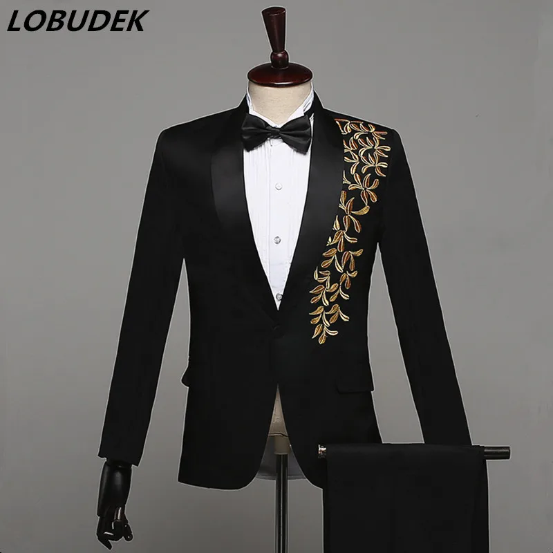 Fashion Embroidery Black White Red Blue Male Suits Host Prom Formal Stage Costume Men's Singer Chorus Party performance clothes
