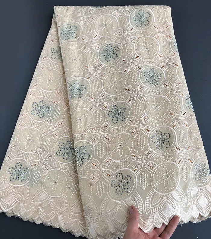 Beige 5 ярдов модная африканская швейцарская вуаль кружевная ткань мягкая нигерийская Гана традиционная одежда с камнями высокое качество горячая распродажа - Цвет: Beige