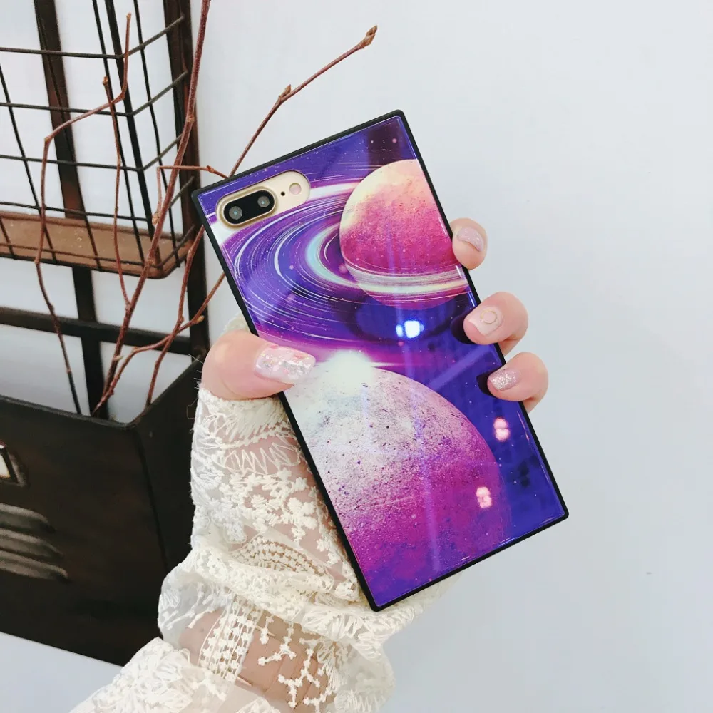 ZMASI Tempered Glass Cell Case for iPhone X 6 6s Blue-ray The Earth Moon Square Phone Shell 7 8 Plus Back Cover |