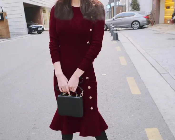 Сексуальное облегающее платье с нижней частью русалки зимнее черное однобортное