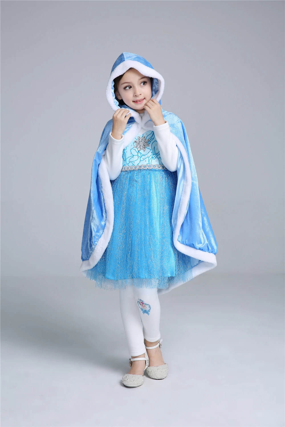 Capa de Elsa con capucha para ni&ntilde;as, chal de terciopelo con dibujos animados, ropa azul de princesa, invierno, 2021-1