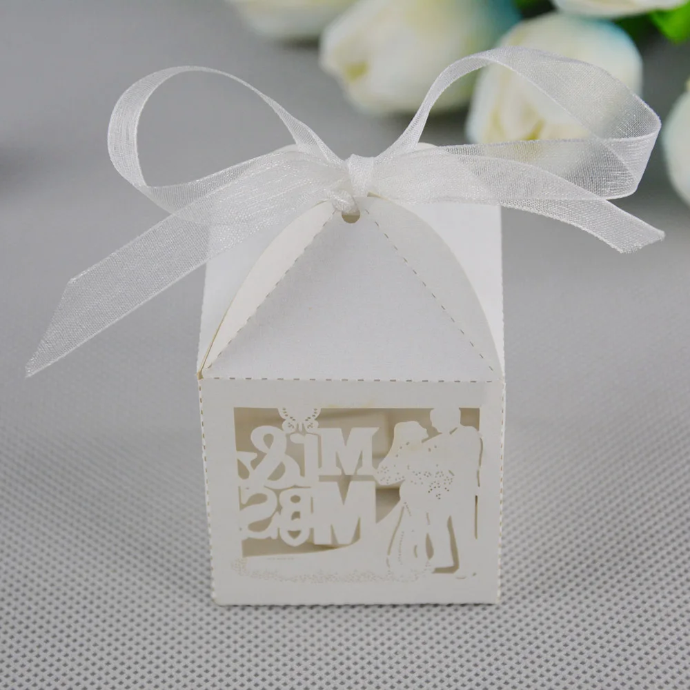 Новое поступление 100 шт./лот 5*5*8 см Mr & Mrs Mini белая картона конфетная коробка для
