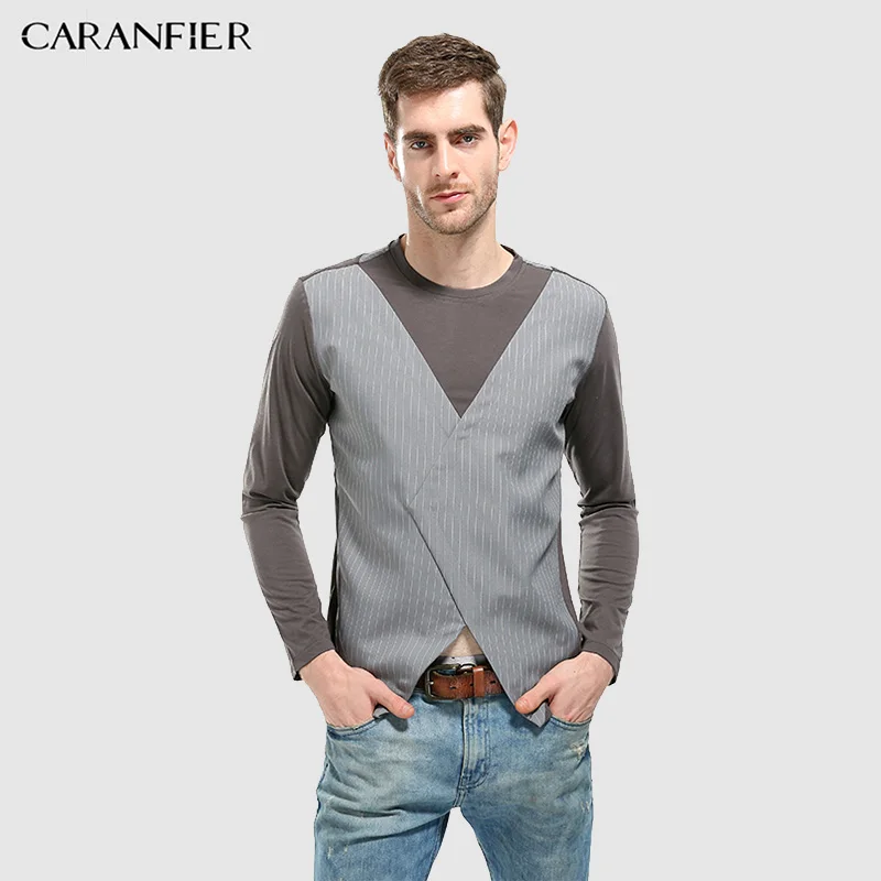 CARANFIER 2018 New Man T-shirts Patchwork Casual Simply Male T-shirt O-Neck Plaid Long Sleeve Fashion Slim Fit Pullover Men Tees | Мужская