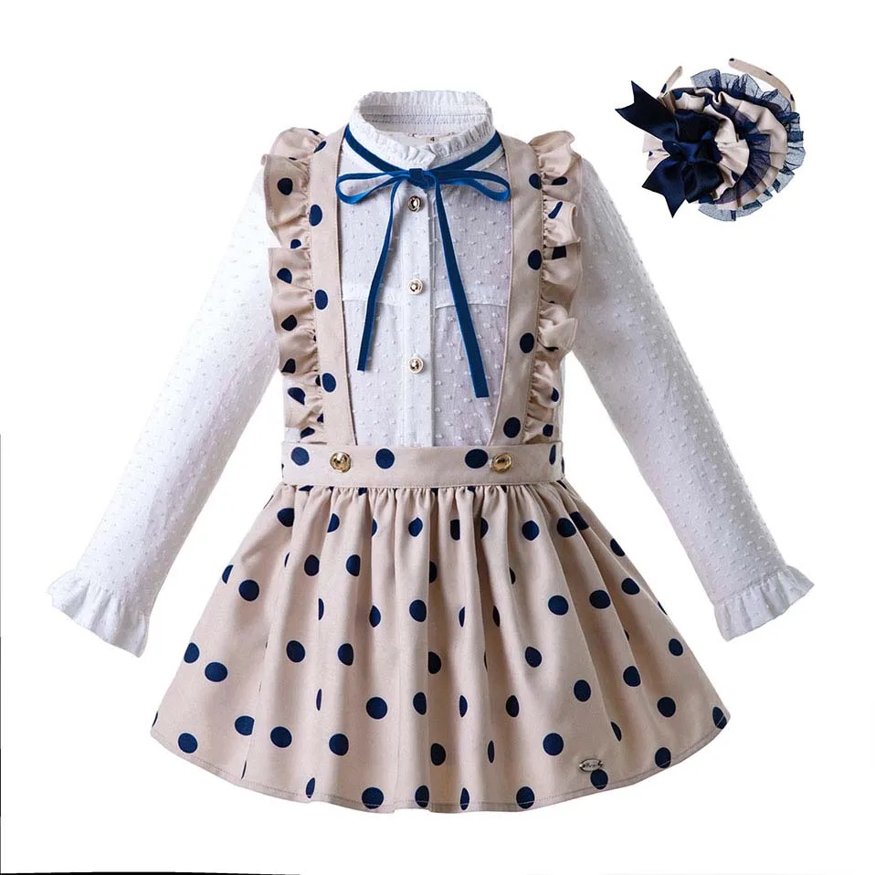 Pettigirl Wholesale Autumn Dot Girls Clothing Set Long Sleeve Blouse With Khaki Skirt Kid Outfits Headwear G-DMCS107-B372 | Мать и