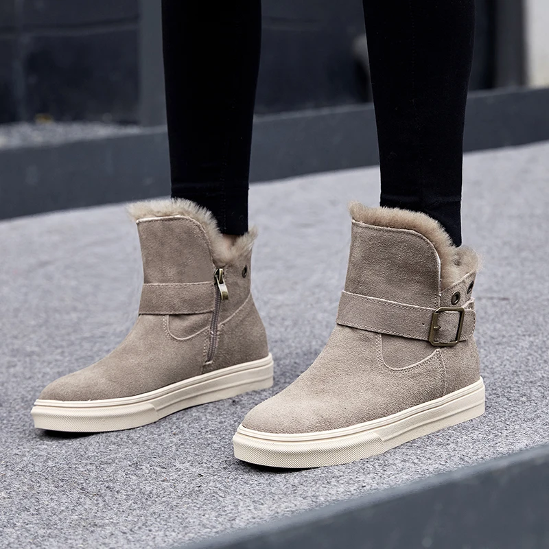 

ISNOM Cow Suede Women Ankle Boots Zip Round Toe Footwear Lambswool Female Boot Platform Snow Girl Shoes Woman 2018 New Winter