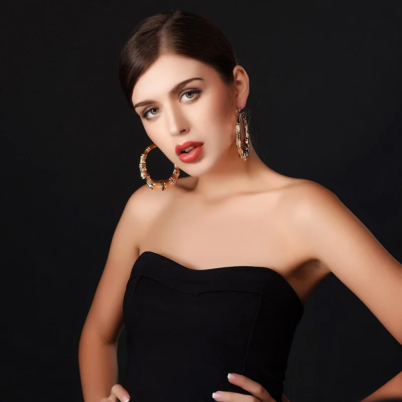 U7 Большой Бамбук Хооп Серьги Позолоченные Ювелирные Изделия Модный Супруг