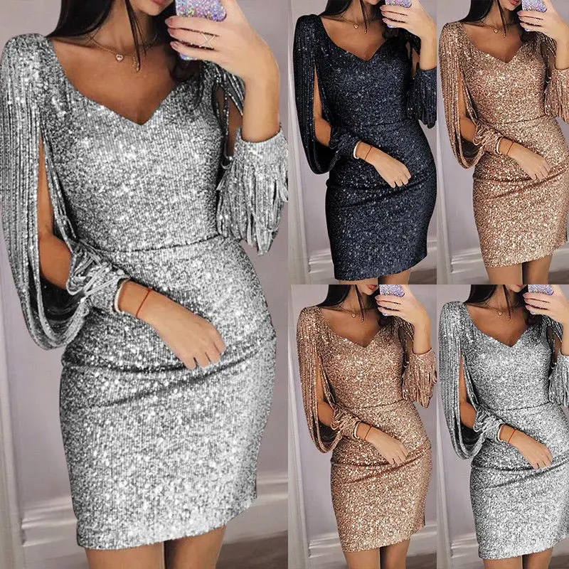 Women Autumn Solid color Long sleeve Polyester Dress V Neck Tassels Bodycon Shining Slim Fit High Waist plus size Dresses | Женская