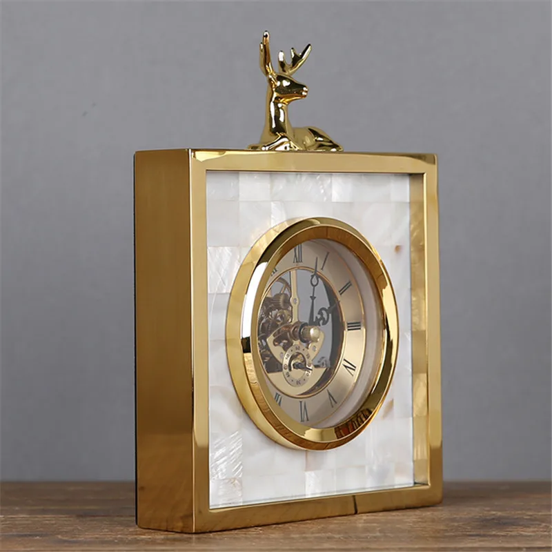 White Shell Metal Clock with Deer Living Room TV Cabinet Desk Decoration Creative Ornaments Best Gift | Дом и сад