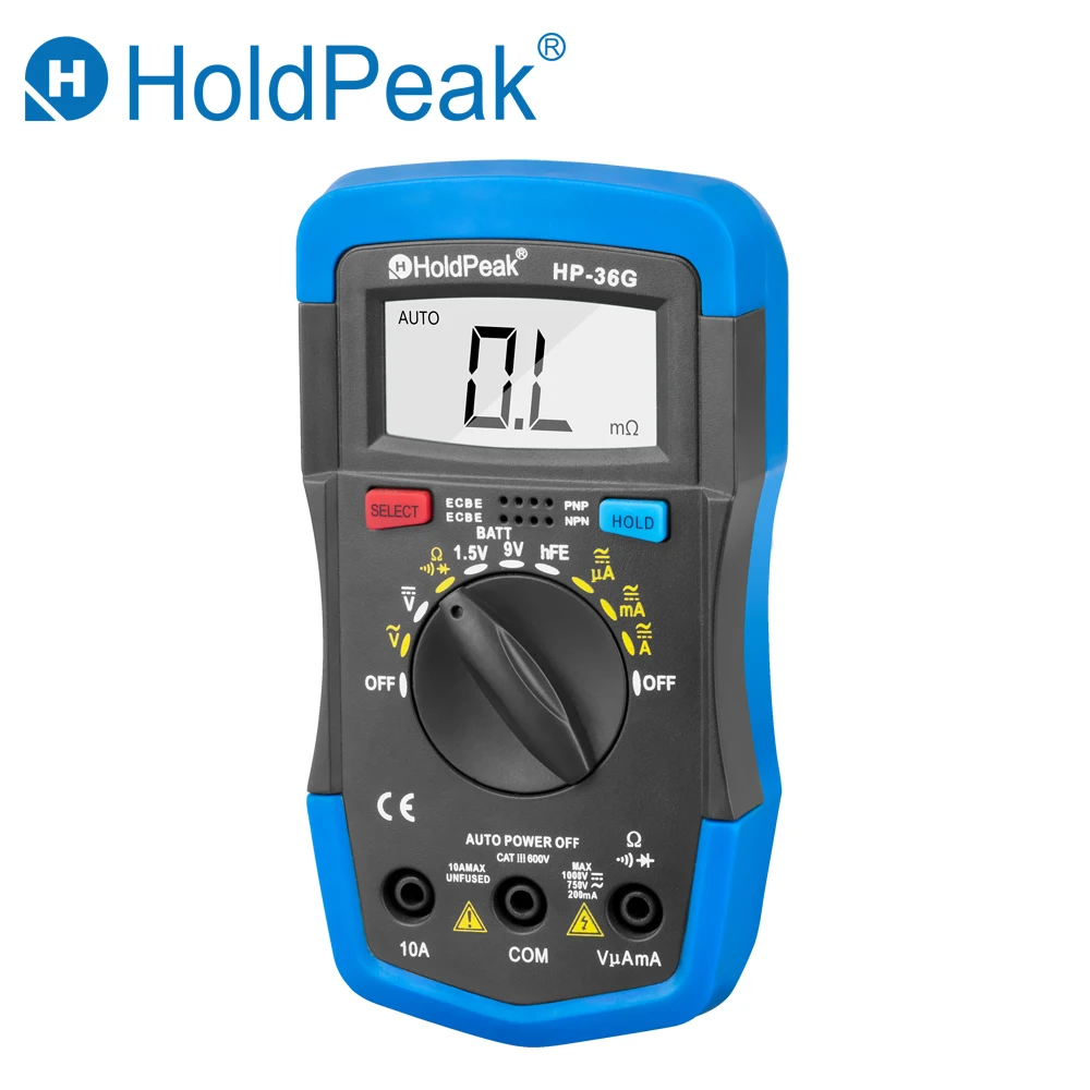 

HoldPeak HP-36G 1999 Counts LED Display Auto Range Multimetro for DC AC Voltage and Current Resistance Diode hFE Battery tester