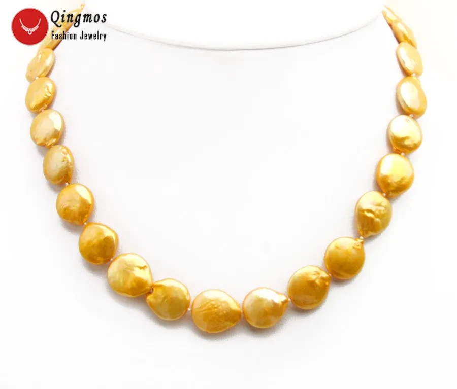 

Qingmos Trendy Natural Pearl Necklace for Women with 12-13mm Coin Orange Freshwater Pearl Chokers Necklace Jewelry 17" nec6496