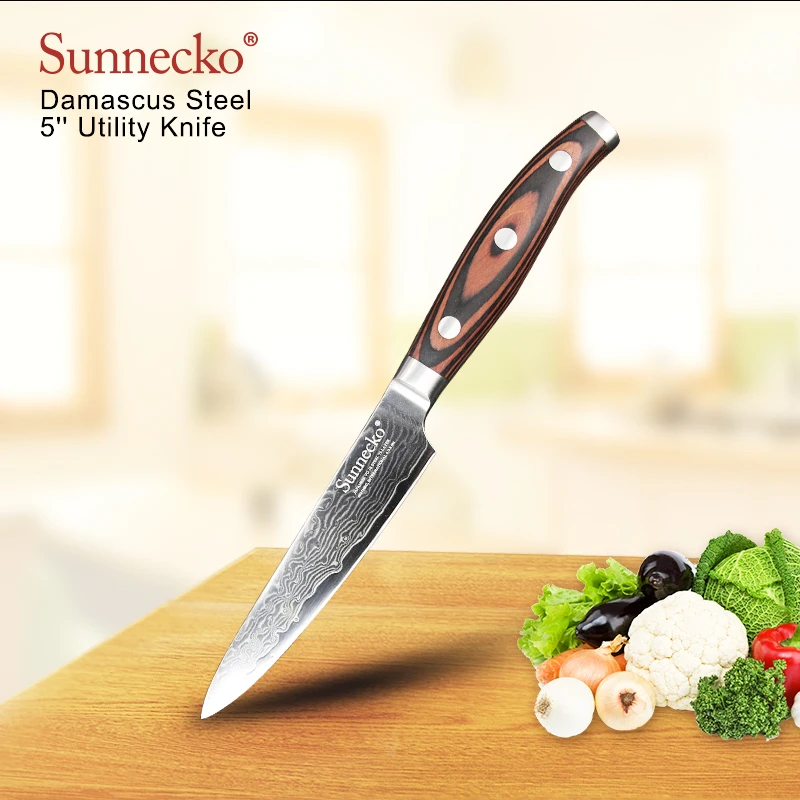 SUNNECKO Multipurpose 5&quot Utility Knife Japanese VG10 Damascus Steel Sharp Blade Kitchen Knives Pakka Wood Handle Chef Cut | Дом и сад