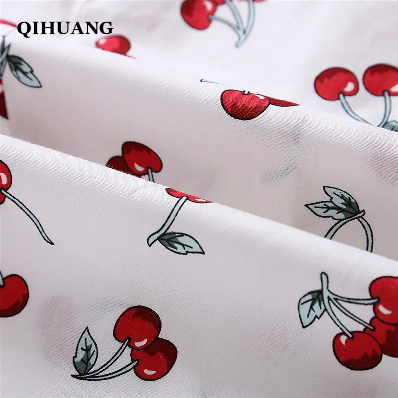 QIHUANG 2019 Fashion Women Blouse Cotton Cherry Print Long Sleeve Whiter Shirt Plus Size 5XL Tops and Blouses Streetwear | Женская