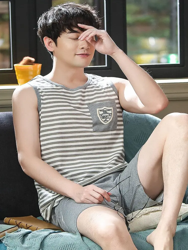 Мужская Хлопковая пижама без рукавов Повседневная полосатая в спортивном стиле