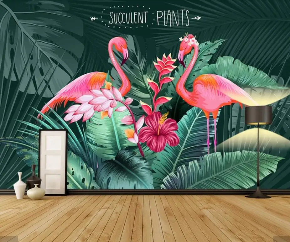 

3D Flamingo Tropical Leaves Wallpaper Rainforest Plant Mural Contact Paper Wall Murals Decals Wall Paper Rolls for Living Room