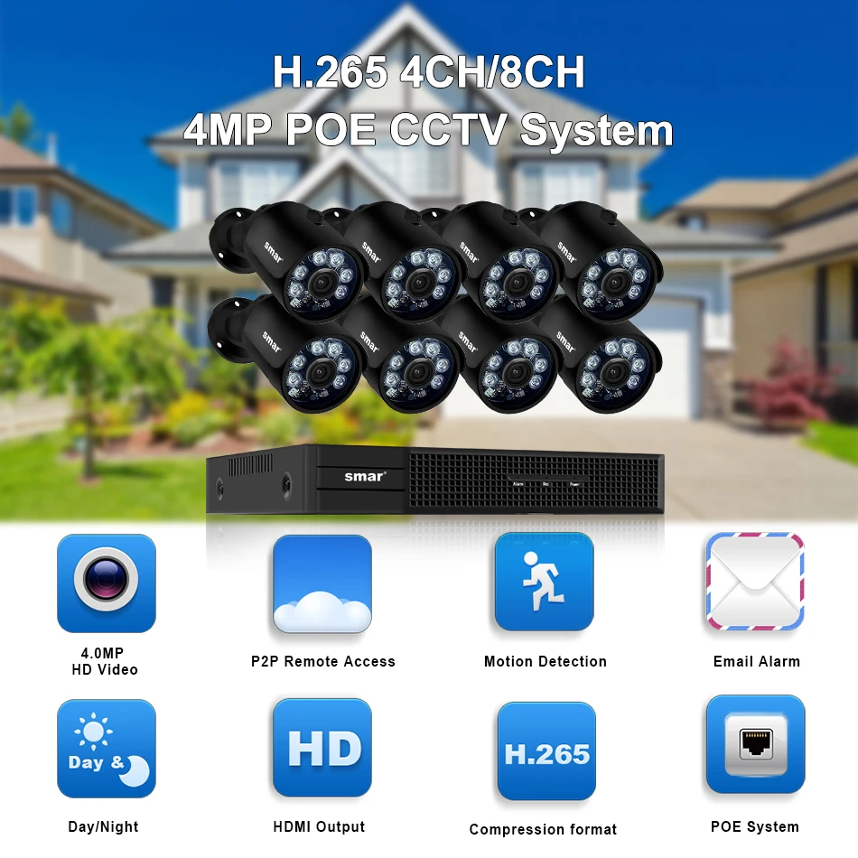 Smreal Plug and Play H.265 4MP камера безопасности Система 8CH 4CH POE NVR комплект 4MP POE Bullet IP камера CCTV система видеонаблюдения