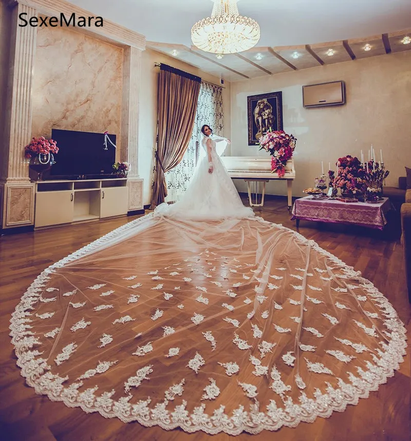 Великолепный один слой 5 метров Длинная фата невесты с аппликацией края