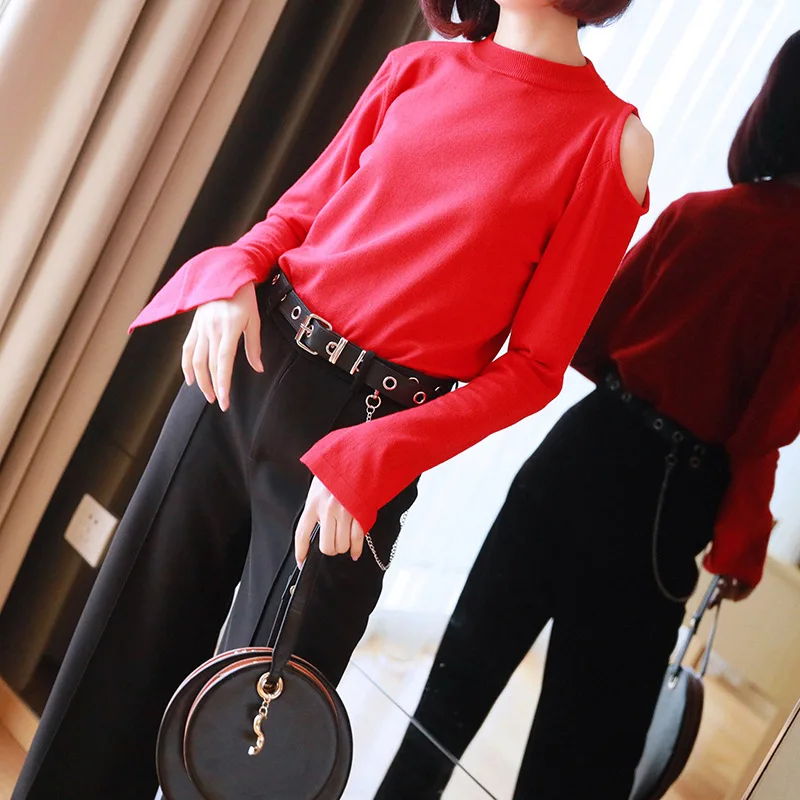 

Pure color strapless short sweater women's head loose top 2019 spring new fashion bottoming shirt