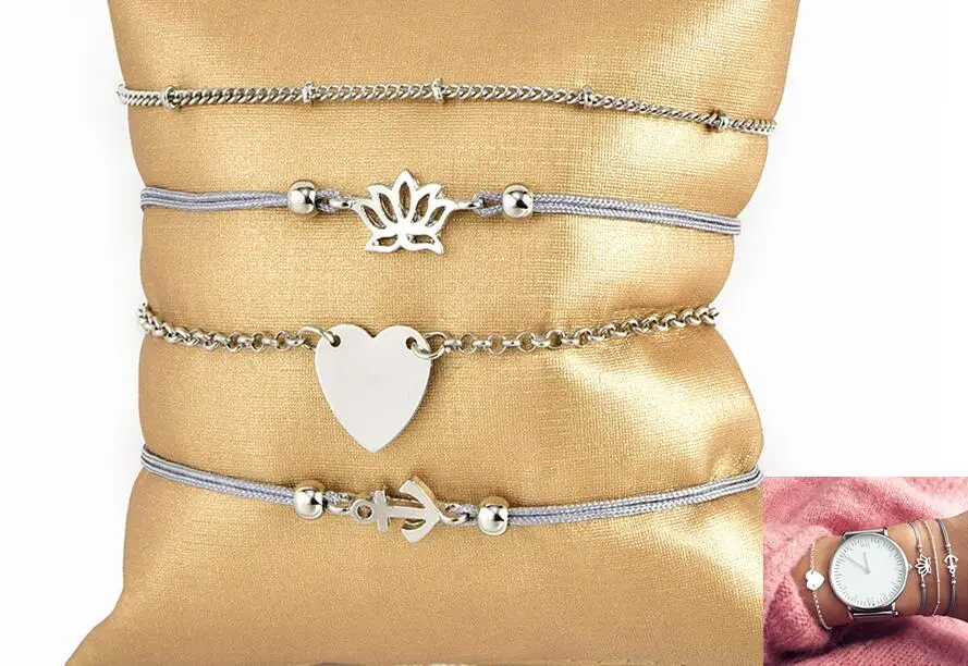 4pcs set 4 шт./компл. Для женщин браслеты в богемном стиле листья узел круглая цепь открытия набор с золотым браслетом женская модная одежда ювелирные изделия - Окраска металла: 4pcs set