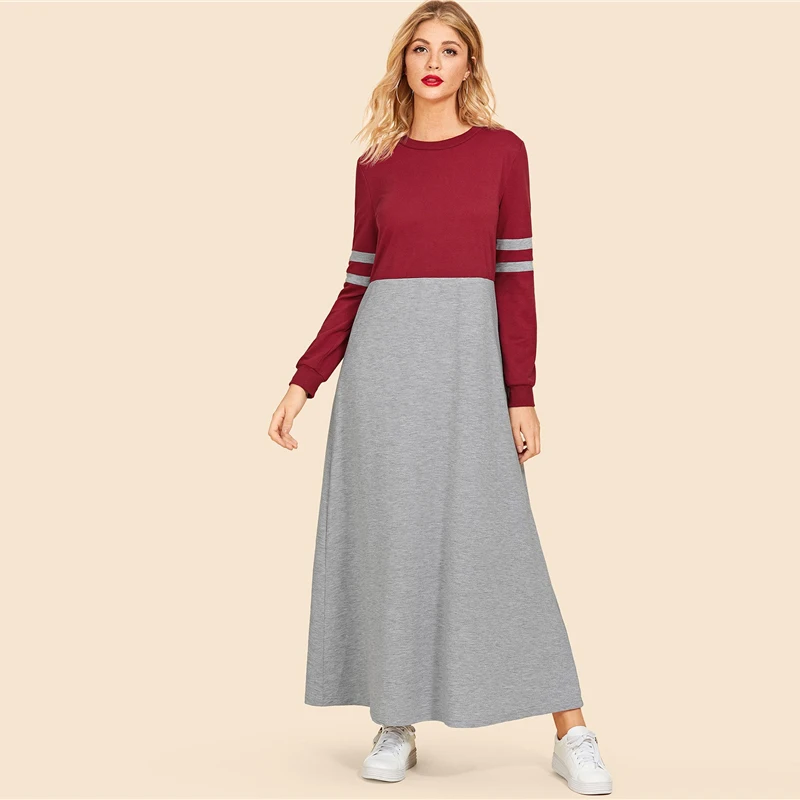 Dotfashion, двухцветное платье, женское, повседневное, весна-осень, длинный рукав, Круглый ворот, одежда для девушек, многоцветное, макси платье