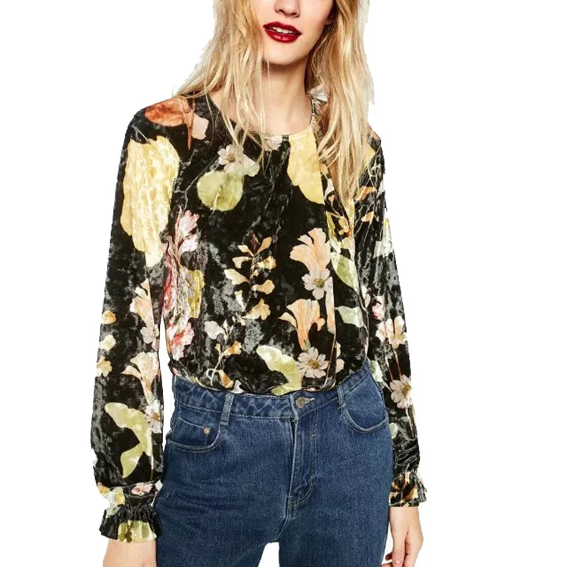 Мода Женщин Сексуальное Отпечатано Бархатный Комбинезон Стиль Рубашка Женская О