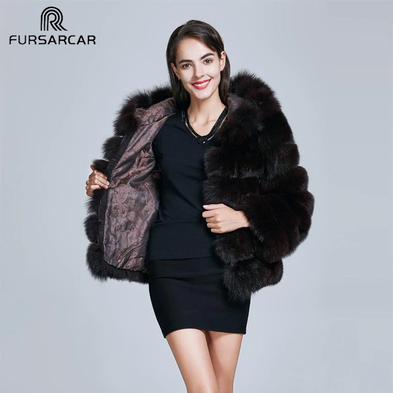 FURSARCAR черный натуральным лисьим мехом шуба из натурального Лисьего меха для