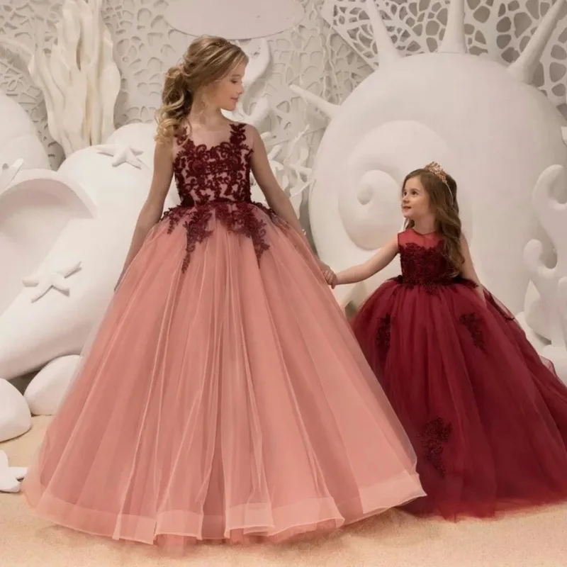 Платье с цветами для девочек на свадьбу длинное кружевное платье из тюля