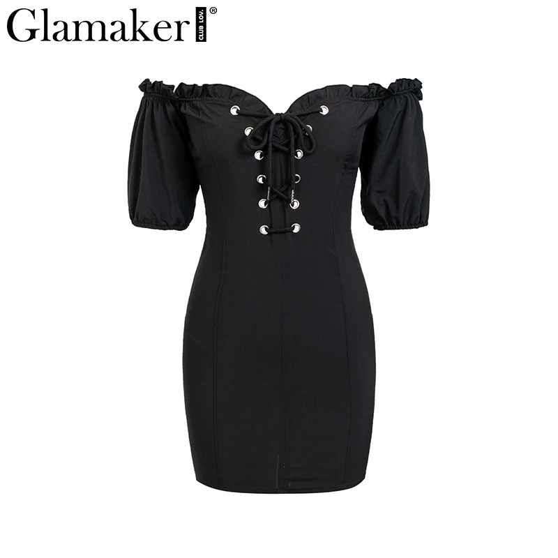 Черный Glamaker черное платье с открытыми плечами, на шнуровке, с пышными рукавами, женское летнее облегающее платье для вечеринки, Сексуальное Мини Короткое платье для фитнеса, vestidos - Цвет: Черный
