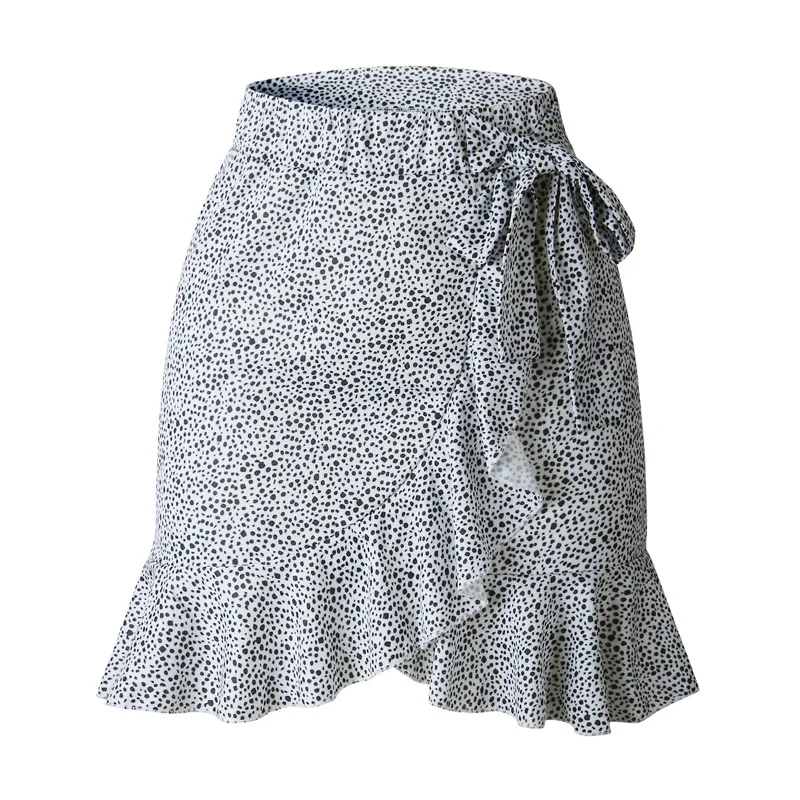 

2021 new Multi Dot Print Short Mini Skirts Women Summer Ruffle High Waist Bow Tie Skirt Ladies Streetwear Slim Bottoms Saias