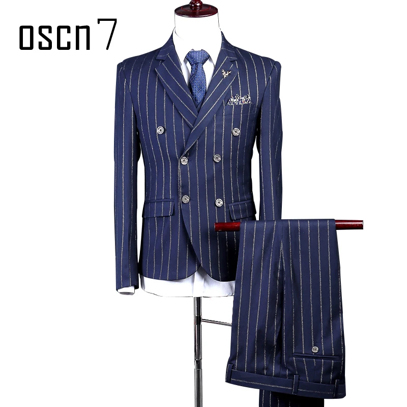 OSCN7 полосатый двойной костюм с принтом для мужчин индивидуальный темно синий