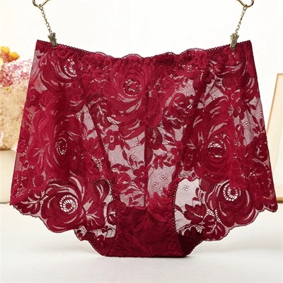 Бургундия ropa interior femenina сексуальное нижнее белье ярких цветов женское нижнее белье размера плюс 5XL кружевные прозрачные трусики с цветочным рисунком - Цвет: Бургундия