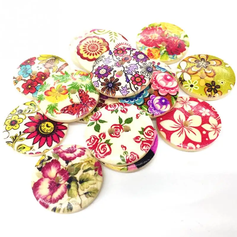 50 шт. круглые деревянные пуговицы Craft Скрап Швейные Цветочный принт Винтаж