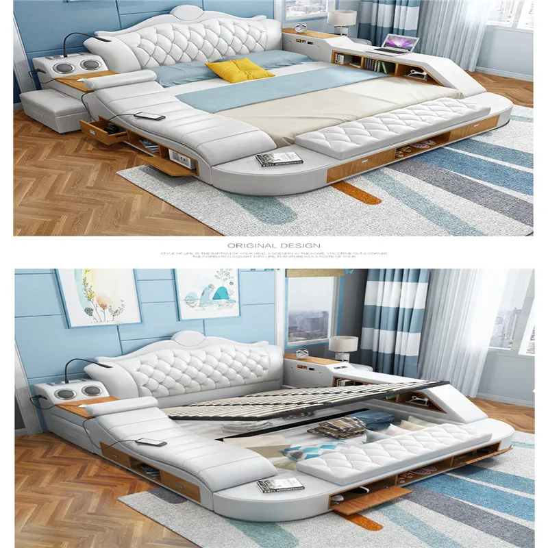 Кожаная кровать в европейском стиле с музыкальными проигрывателями по заводской