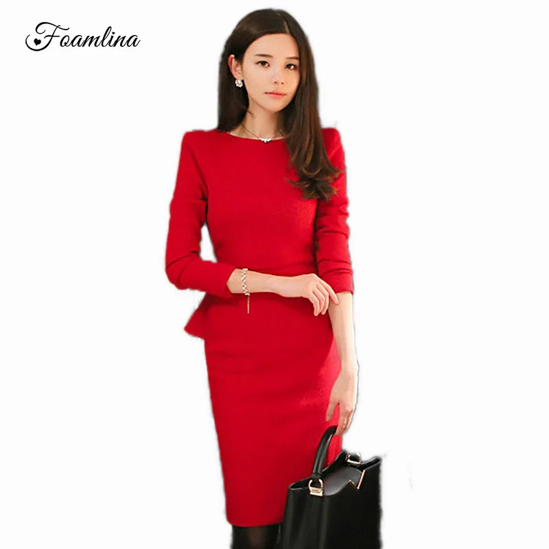Foamlina Women Elegant Autumn Winter Long Sleeve Fitted Vintage Bodycon Dress O-neck Peplum Casual Office Ladies Pencil Dresses | Женская