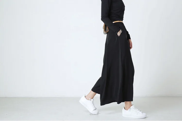 Асимметричные 2017 летние модные широкие брюки с высокой талией женские черные два