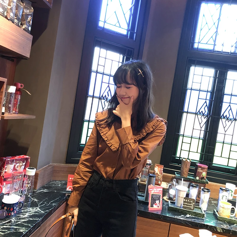 Lychee/женские однобортные блузки с оборками и воротником Питер Пэн женские