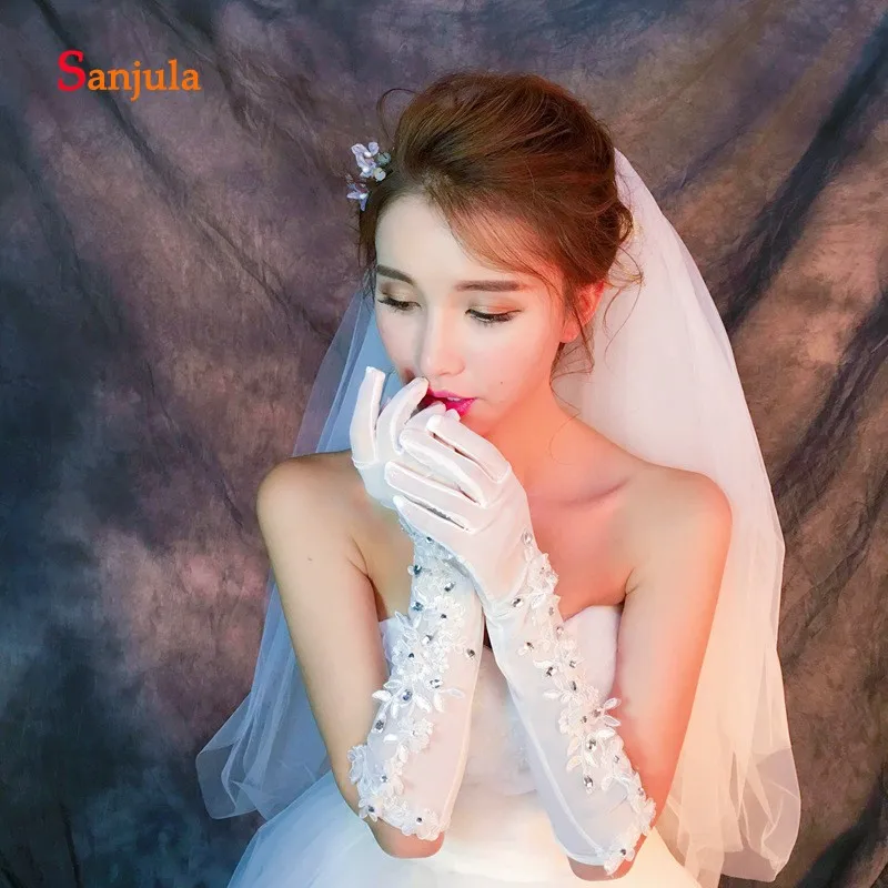 Opera Length Full Finger Bridal Gloves Appliques Beaded Elegant Wedding Accessories Tulle Women Formal Occasion Glove G02 | Свадьбы и