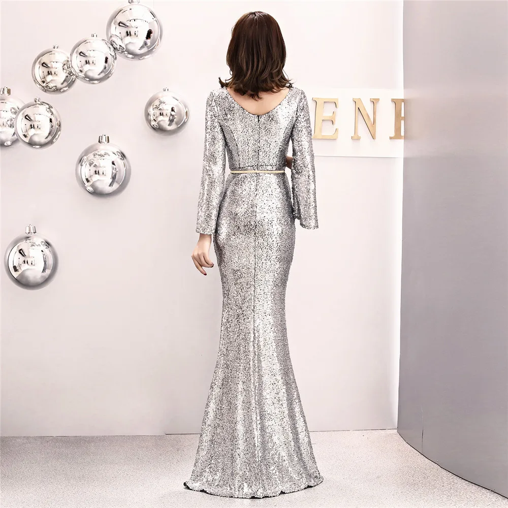 

CX SHINE V Neck Reflecti Evening dress bling Sequin gold split sleeve mermaid trumpet prom party Formal dresses Vestidos robe de
