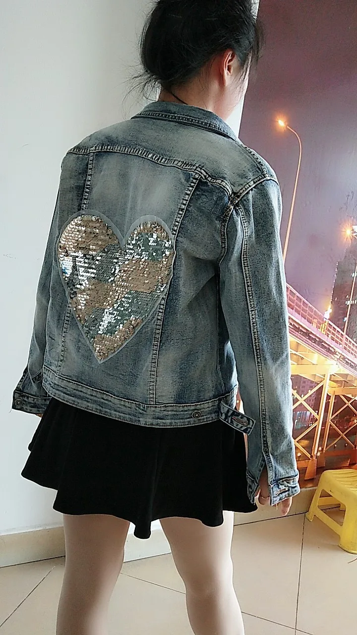 

England style single breasted sequins beading Denim jacket female cartoon pattern sequins beading denim outwear tops wq1579