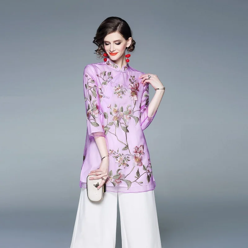 Женское платье с вышивкой Qipao фиолетовое и желтое большого размера XXL весна лето