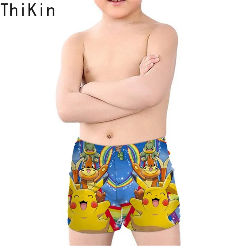 THIKIN Amine Cute Cartoon Pokemon Pikachu Print Kids Boys' Swimming Trunks Summer Beachwear Children Swimsuits Elastic