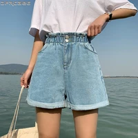 high elastic waist women denim shorts summer wide leg short femme loose causal pockets ladies short jeans sky blue white shorts